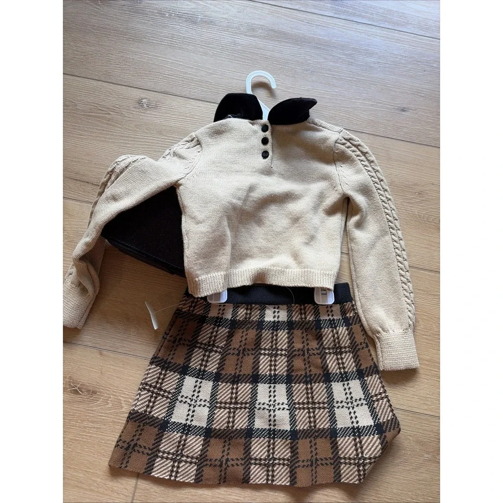 Happily Tan Cable Knit Sweater & Plaid Skirt Set w/ Velour Purse Girls XS 4 4t